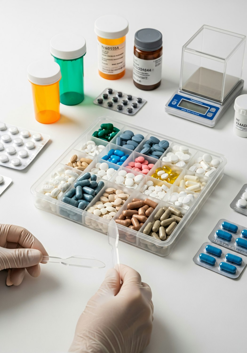 Tablets, blister packs and prescription bottles laid out with a precision scale