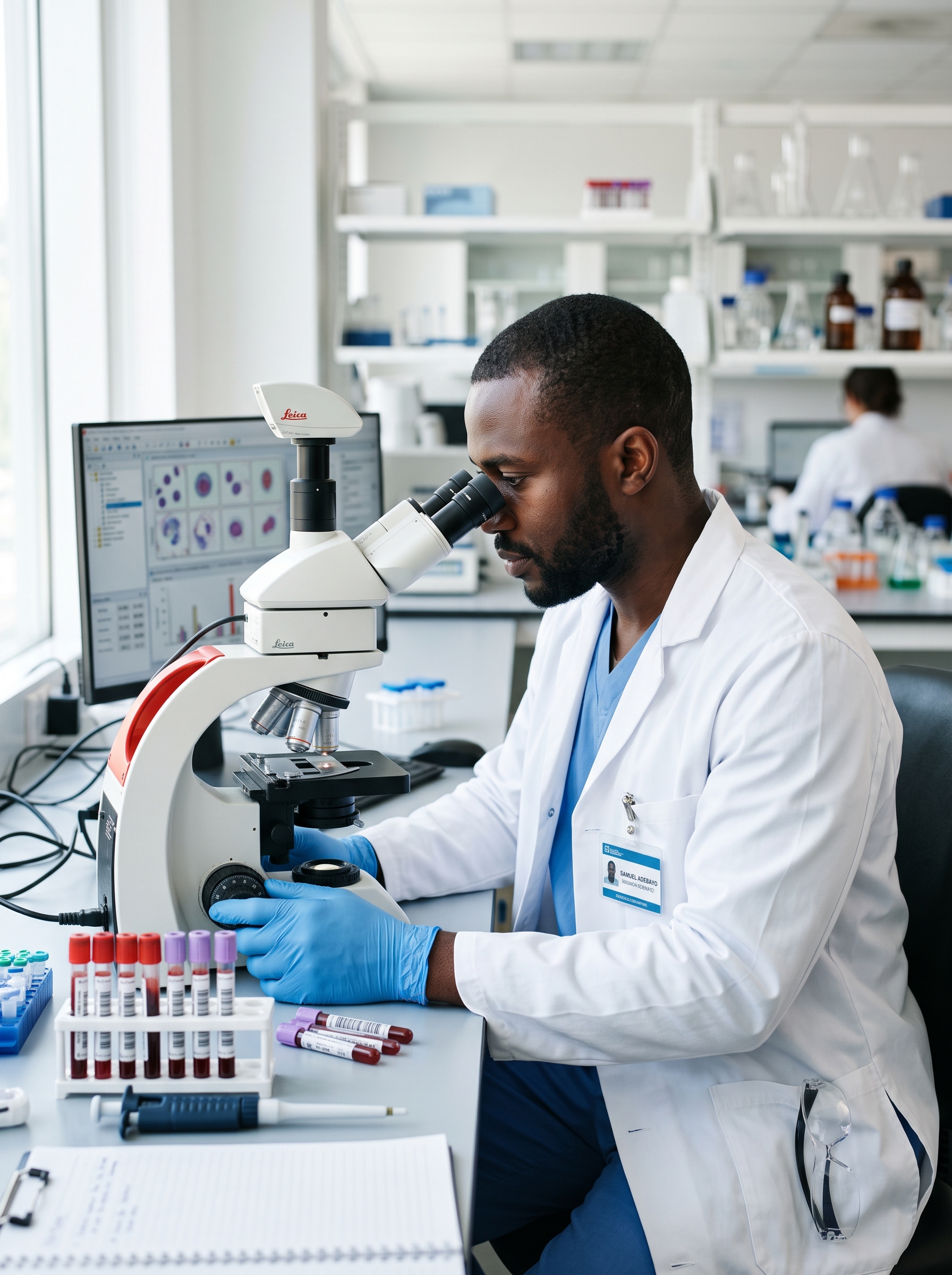 A scientist examining a sample under a microscope in a laboratory